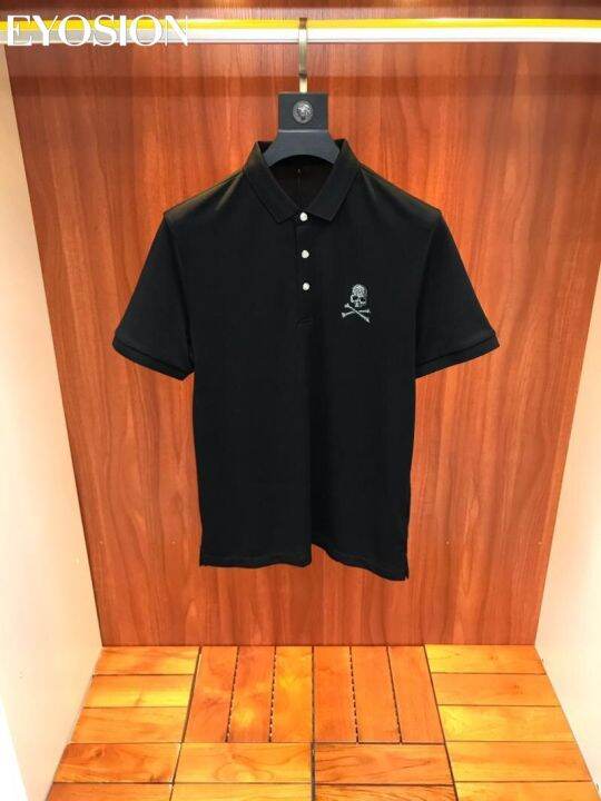 polo-เสื้อยืดพิมพ์ลายกะโหลกติดเพชรสำหรับผู้ชายเสื้อคอตตอนแขนสั้นธุรกิจลำลองกราฟิกส์แฟชั่นฤดูร้อนเสื้อยืดมีปก