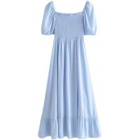 New European and American style womens French retro palace elegant solid color square neck puff sleeve slit dress