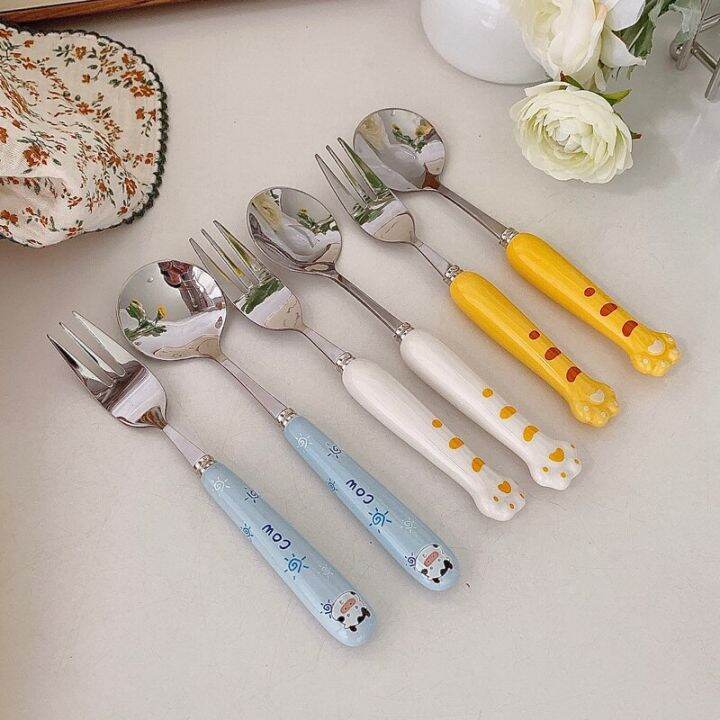 ins-ceramic-cute-cartoon-cat-paw-small-cow-fork-spoon-tableware-dessert-spoon-student-portable-tableware-home-serving-utensils