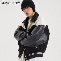 MAYCHEER   เสื้อโค้ทผู้ชายใหม่เสื้อโค้ทหนัง PU ประกบเสื้อแจ็คเก็ตลำลองขนาดใหญ่พิเศษ