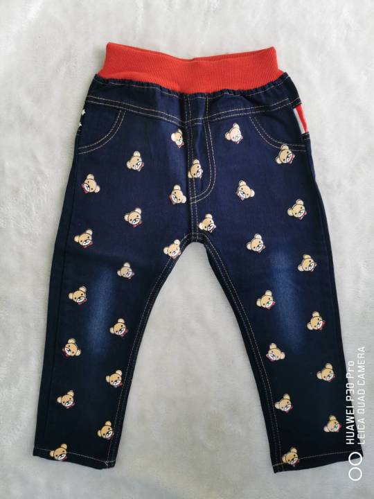 กางเกงยีนส์ขายาว-เอวยืด-สกรีนลายน้องหมี-size-6-100-10-120