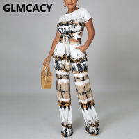 2 Pieces Pants Sets Women Tie Dye Printed Short Sleeve T-shirt &amp; Wide Leg Pants