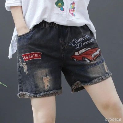 womens shorts denim shorts for womenhigh waisted pantsshorts for women ♞Elastic waist embroidered denim shorts women s loose summer new style high-waisted thinner casual pierced straight