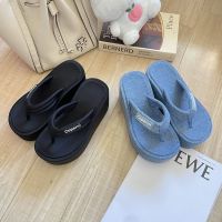 [FREE SHIPPING] Thick Sole High Heel Denim Herringbone Slippers