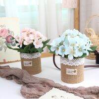 Mini Artificial Flower Bonsai Arrangement with Linen Vase for Home Office Décor House Decorations Furniture Decorations