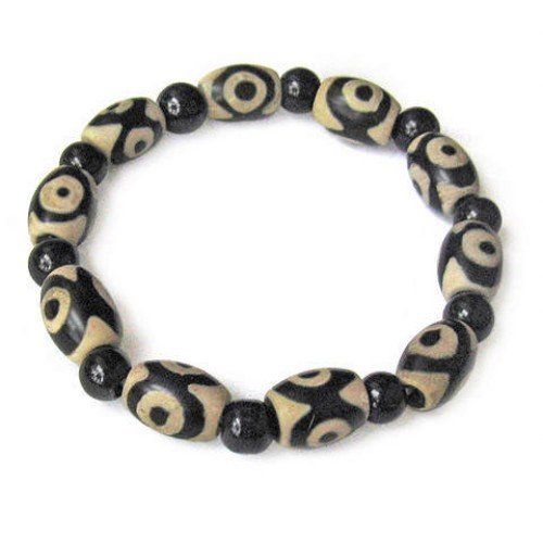 Long Beautiful Stretchy Tibetan Black Agate 3-eye dZi Beads Beaded Amulet Bracelet