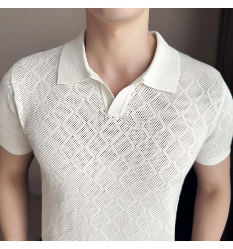 Summer Thin Ice Silk Knitted Polo Shirts Mens Elasticity Mesh Casual T  Shirt Male Short Sleeve O-Neck Slim Fit Breathable Polos