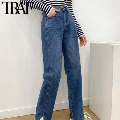 TRAF Women Fashion Side Pockets Slit Hem Denim Jeans Vintage High Waist Zipper Fly Female Trousers Mujer