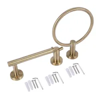 Bathroom Hardware Accessories Set 3-Piece Gold Brushed Bathroom Hardware Sets Modern Towel Ring Robe Hook Hanger Toilet Paper Holder Heavy Duty Stainless Steel Wall Mounted