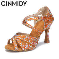 CINMIDY Rhinestone รองเท้าเต้นรำละตินผู้หญิงรองเท้าซัลซ่าสำหรับการเต้นรำรองเท้าส้นสูง7.5เซนติเมตรนุ่มแต่เพียงผู้เดียวในร่มรองเท้าแตะรองเท้าเต้นรำงานแต่งงาน