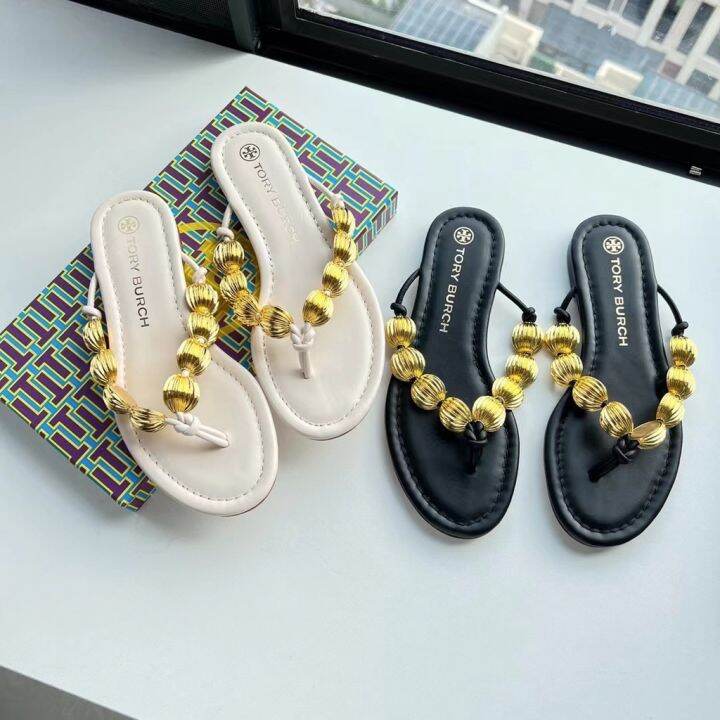 2023-new-tory-burch-capri-series-two-colors-beaded-leather-flat-flip-flops