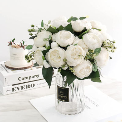 ช่อกุหลาบดอกโบตั๋นสีขาวดอกไม้ประดิษฐ์30ซม. หัวใหญ่5ดอกและดอกตูม4ดอกดอกไม้เทียมราคาถูกสำหรับของตกแต่งงานแต่งงานในบ้านในร่ม