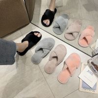 ℗ 2021 Winter Womens House Slippers Faux Fur Warm Shoes Female Slip on Flats Cross Band furry slippers Black Pink Slippers