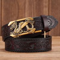 3.5cm Fashion Embossing Retro Male Belts for Men Business Cowhide Leather Belt Dragon Pattern Automatic Buckle Strap