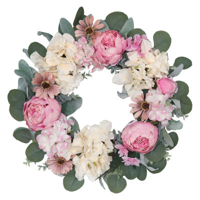 Peony Flower Decorative Artificial Flower Wreath, Faux Floral Wreath for Front Door Window Wedding Outdoor Indoor -Round