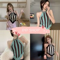 DD SHOPพร้อมส่ง 0992 เสื้อคล้องคอไหมพรม ดีเทล ลายทางตรงเว้าหลัง เซ็กซี่สุดๆ