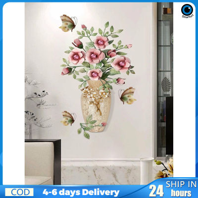 สติ๊กเกอร์ติดผนังติดด้วยตนเองดอกไม้ในแจกัน3มิติกำแพงสไตล์จีนศิลปะสำหรับห้องนอนห้องนั่งเล่นตกแต่งผนัง