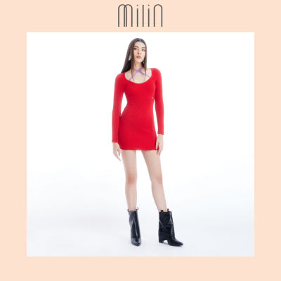 [MILIN] Heart neckline spaghetti long sleeves fitted silhouette knitted bustier dress เดรสแขนยาวเข้ารูปทรงคอรูปหัวใจทอนิตติ้ง / Juicy Dress