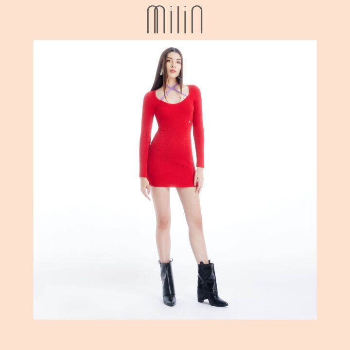 milin-heart-neckline-spaghetti-long-sleeves-fitted-silhouette-knitted-bustier-dress-เดรสแขนยาวเข้ารูปทรงคอรูปหัวใจทอนิตติ้ง-juicy-dress