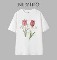 NUZIRO เสื้อยืดแขนแขนสั้นคอกลมลำลองพิมพ์ลายดอกไม้สไตล์เกาหลีของ