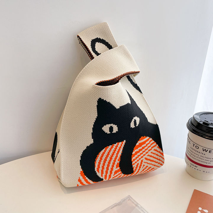 shopping-bags-reusable-stripe-wide-japanese-color-casual-knot-student-shopping-women-handmade-handbag-knit-cat