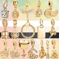 New Gold Color Family Tree Zircon Bee Lion Beads Key Pendant Fit Original Pandora Charms Silver Color Bracelet DIY Women Jewelry