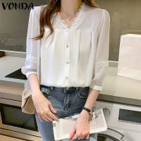 (จัดส่งฟรี)Fancystyle VONDA เสื้อผู้หญิงชุดราตรีลายฉลุที่สวยงามเสื้อสตรีคอวีเดินทางแขน3/4มีกระดุม