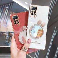 เคสกระจกแต่งหน้า Xiaomi Redmi Note 11 /Note 11 Pro/note 11 Pro + Plus/note 11S พร้อม Bowknot กรอบสี่เหลี่ยมเคลือบ6D หรูหราขอบซิลิโคนเคสมือถือกันกระแทก Casing Ponsel ด้านหลัง