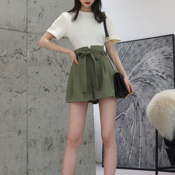 กางเกงขาสั้นเอไลน์ชีฟองขนาดใหญ่สำหรับผู้หญิงขากว้างสไตล์เกาหลีเอวสูงกางเกงลำลอง