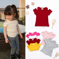 Oyamerbaby เสื้อยืดแขนสั้นเปิดไหล่สีลูกกวาดของเด็กทารกเด็กผู้หญิง0-4Years