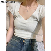 เสื้อยืดแขนสั้นผ้าคอตตอน MAOZHUXIA สำหรับสตรีคอวีปักลาย