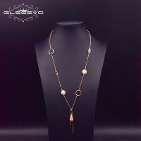 GLSEEVO Natural Fresh Water Pearl Women Long Chain Pendant Necklace Luxury Fashion Shining Trend Fine Jewellery Wedding GN0158