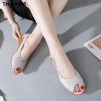 ?◈ new leather fish mouth sandals womens flat wedge shoes comfortable soft bottom low heel hollow large size