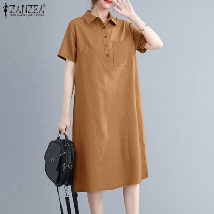 manbei-zanzea-ชุดเดรสผ้าฝ้ายแขนสั้นผู้หญิงขนาดใหญ่-baggy-midi-dress