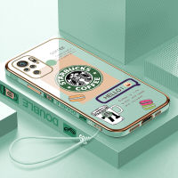 เคสเคสมือถือสำหรับ Xiaomi Redmi Note 10 4G / Note 10S พร้อมฟรีสายคล้อง + แฟชั่น Starbucks โลโก้ขอบสี่เหลี่ยมชุบเคลือบฝาหลังนิ่ม