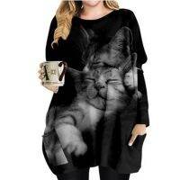 [COD] AliExpress ebay wish foreign trade large size womens round neck mid-length long-sleeved cat print pullover