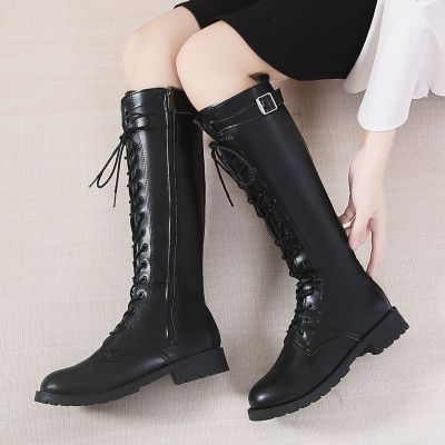 CODLi Ji sports sockLong boots women but knee-length 2019 new wind retro brest head front tie with leather thick-heeled large-si