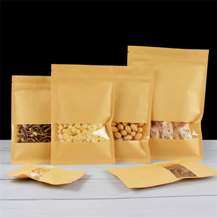 50pcs-แบนด้านล่างกระดาษคราฟท์หน้าต่างใสซิปกระเป๋า-resealable-beaf-candy-snack-nuts-grain-powder-zip-ล็อคบรรจุภัณฑ์-pouches