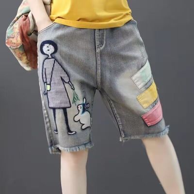[Spot] Summer new vintage art embroidery loose hole embroidered elastic high waist harem denim shorts for women 2023