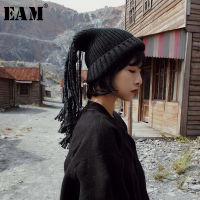 【cw】[EAM] 2022 Spring Winter Woman Personality Stylish Dreadlocks Tassels Knitting Keep Warm Two Wear Methods Hat All Match LI045