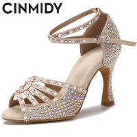 CINMIDY ผู้หญิงรองเท้าเต้นรำ Salsa Rumba Samba รองเท้าละตินสุภาพสตรีรองเท้าเต้นรำบอลรูม Rhinestone ส้นเต้นรำผู้หญิงรองเท้าแตะ