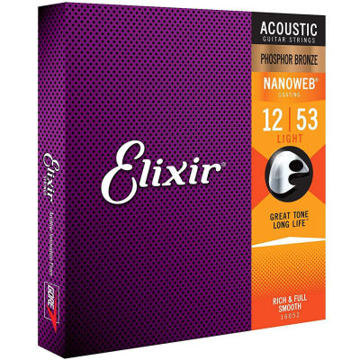 สายกีตาร์โปร่งเคลือบกันสนิม Elixir .012-.053 Light #16052 Phosphor Bronze NANOWEB