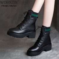 2021 New Black PU Leather Ankle Boots Women Winter Fashion Casual Boots Round Toe Lace Up Motorcycle Platform Boots Botas Mujer