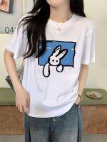 Turn up（พร้อมส่งจากกทม มาถึงใน 3วัน）Womens T-shirt Cute Little Rabbit Print Short Sleeve 100% Cotton T0557