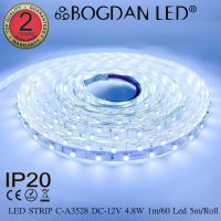 LED STRIP, C-A3528-15000K-DC-12V IP20 60ดวง/1เมตร 4.8W/1เมตร ยี่ห้อ BOGDAN LED แอลอีดีไฟเส้น สีขาว 15000K 300ดวง/5เมตร 24W/5เมตร ไฟริบบอนแอลอีดี