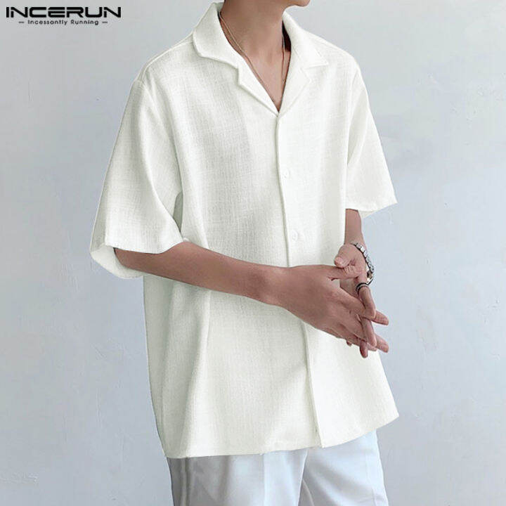 incerun-เสื้อผู้ชายแขนสั้นมีกระดุมแบบเรียบ-เสื้อคอปกลำลอง-สไตล์เกาหลี