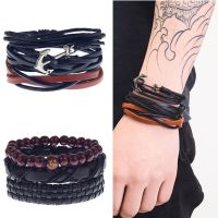 Adjustable Leather Bracelet For Men Vintage Woven Cowhide Bracelet Alloy Ship Anchor Men Leather Bracelet Multi-layer Set Charms and Charm Bracelet