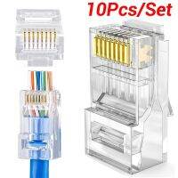 RJ45ปลายขั้วต่อ Cat5e Cat6ชุบทอง8P8C อีเทอร์เน็ตผ่านปลั๊กหัวปลั๊กสายเครือข่าย UTP ปลั๊กเสียบสายเคเบิลอีเทอร์เน็ตขั้วต่อจีบ