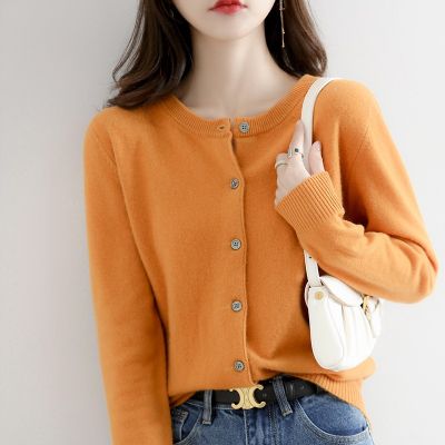 Soft Waxy Crewneck Knitted Cardigan Womens Loose Solid Color Jacket Womens Autumn New Style Outer Long Sleeve Top 2023
