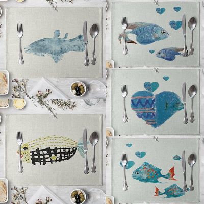 Linen Placemat Fishing Cartoon Pattern Dining Table Mat Cloth Table Napkin for Wedding Kitchen Cup Mat Party Decoration